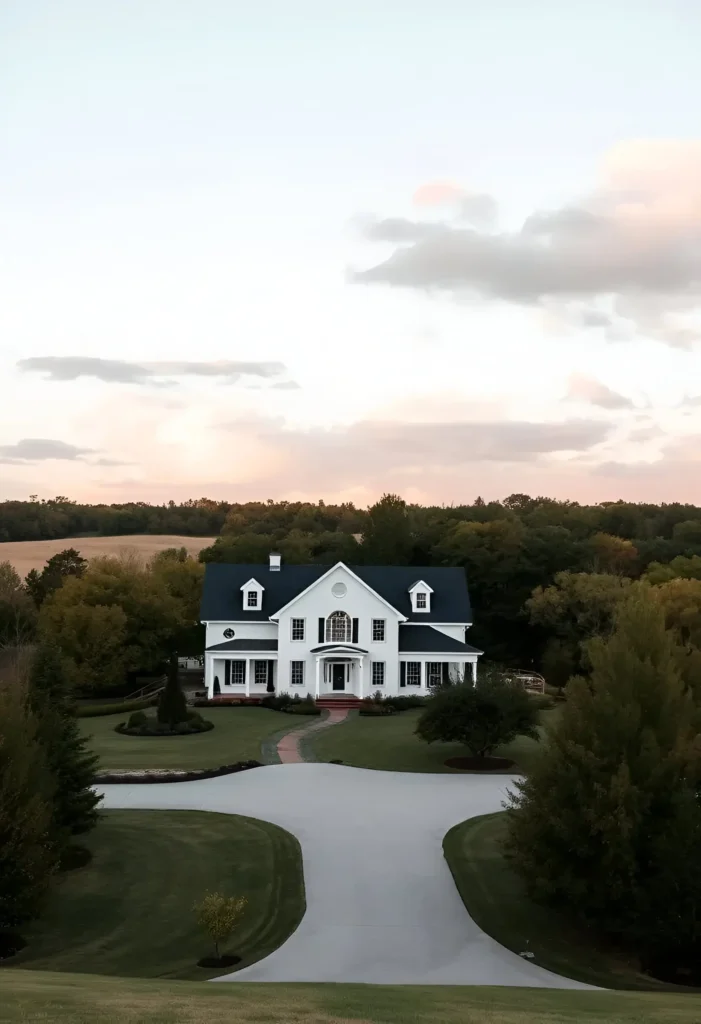 Grand white farmhouse with a black roof, arched central window, expansive driveway, and serene countryside setting. White Farmhouse Exterior Ideas