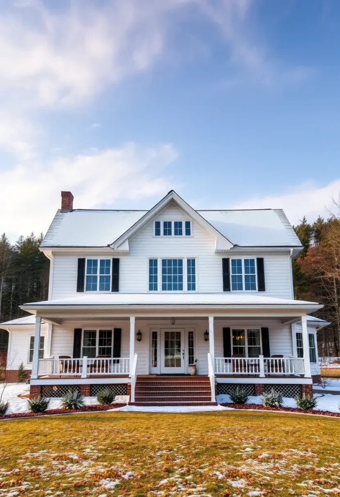 White mountain farmhouse exterior with black shutters, spacious porch, and snow-capped roof surrounded by forest.