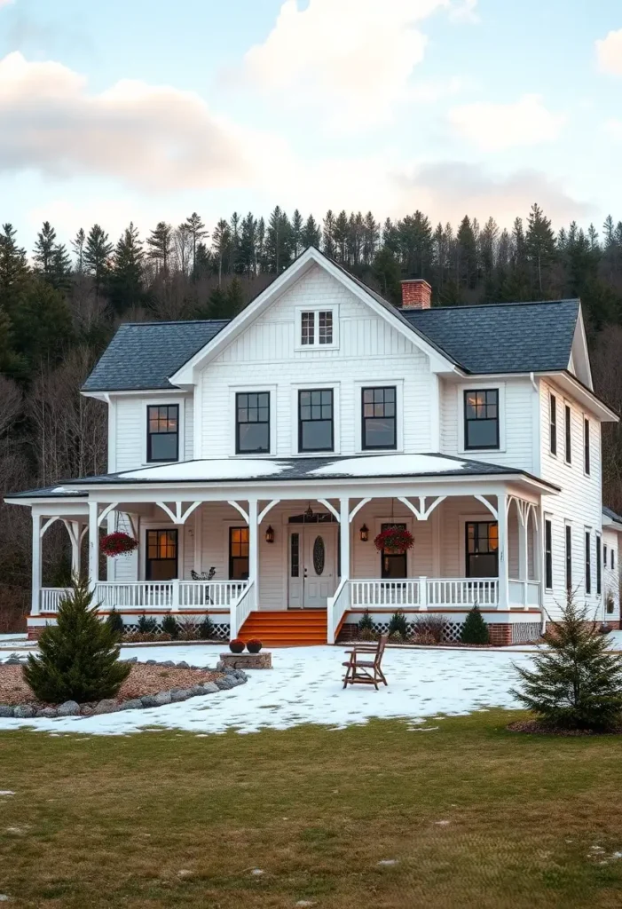 Inviting white farmhouse with a wraparound porch, hanging flower baskets, and a dark roof surrounded by snow-dusted grounds and a tranquil wooded backdrop.