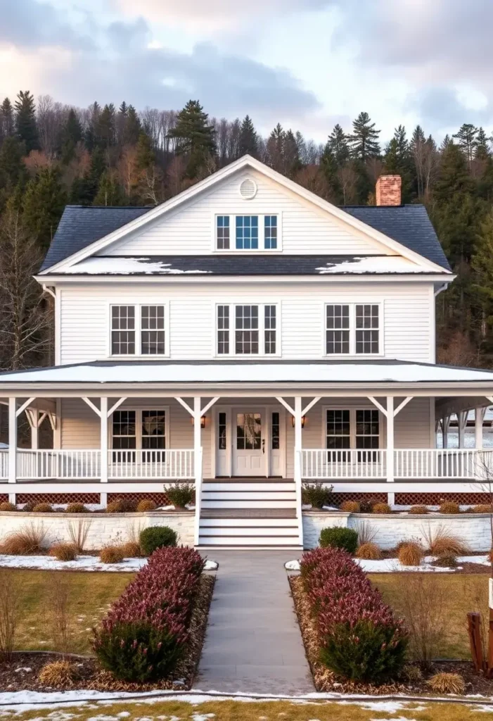 Elegant white farmhouse with a wraparound porch, paved walkway lined with shrubs, and a scenic mountain forest in the background.