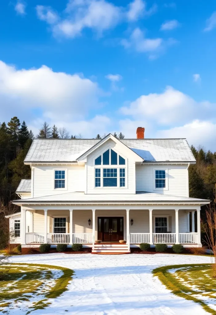 White farmhouse with gable windows, wraparound porch, and brick chimney set against a snow-dusted lawn and mountain scenery.