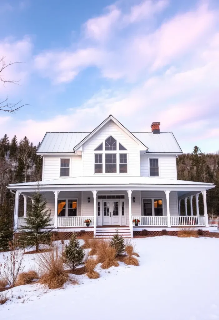 White farmhouse with gable windows, a metal roof, a wraparound porch, and seasonal planters nestled in a snow-covered mountain landscape.