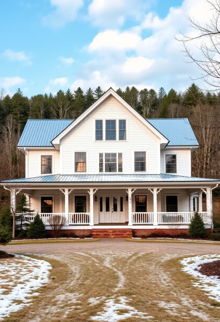 White farmhouse with a blue metal roof, wraparound porch, and brick foundation surrounded by a snow-dotted yard and wooded backdrop.