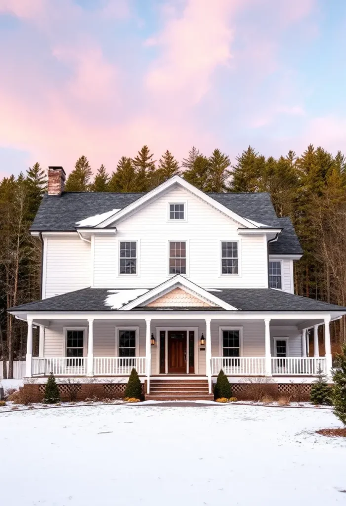 White farmhouse with a dark shingle roof, gable accents, wraparound porch, and a warm wood front door surrounded by snow and a forest backdrop.