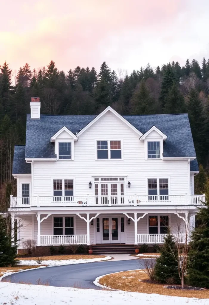 White farmhouse with double balconies, dark shingle roof, and curved driveway surrounded by snow-dusted ground and a wooded backdrop.