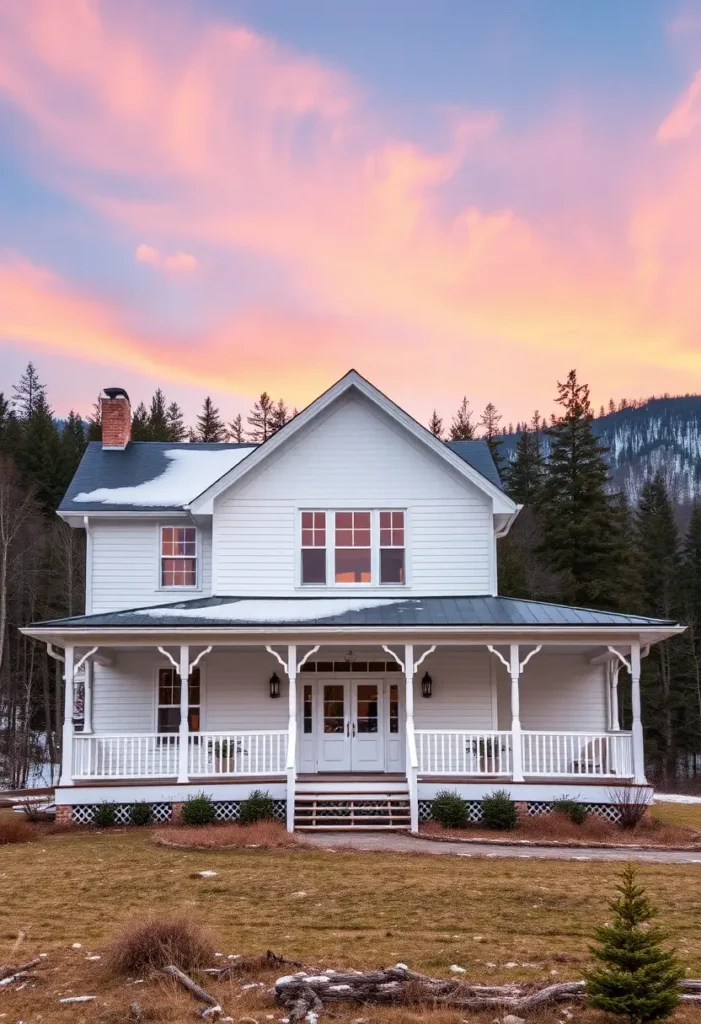 White farmhouse with a metal roof, wraparound porch, and glowing windows set against a stunning mountain sunset.