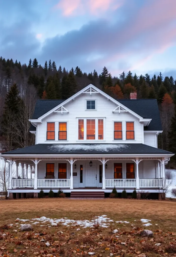 White farmhouse with glowing windows, wraparound porch, and dark shingle roof set against a peaceful mountain forest backdrop.