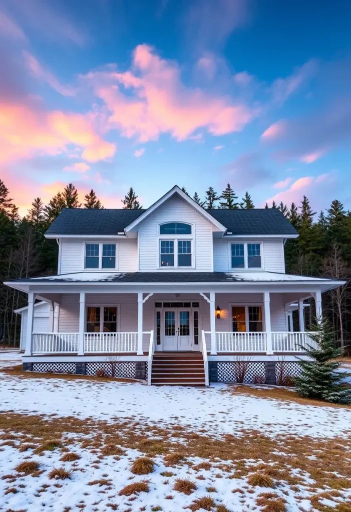 White farmhouse with gable windows, wraparound porch, and warm lights glowing, set against a colorful sunset and mountain backdrop.