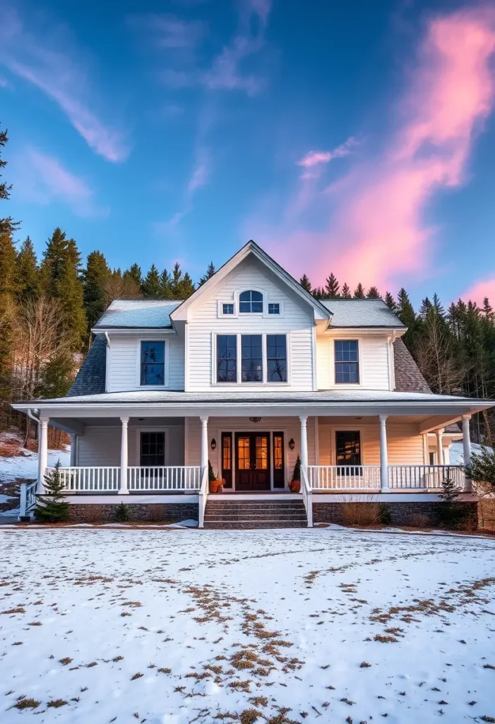 White farmhouse with tall gable windows, warm glowing lights, a wraparound porch, and wooden double doors surrounded by snow and a colorful evening sky.