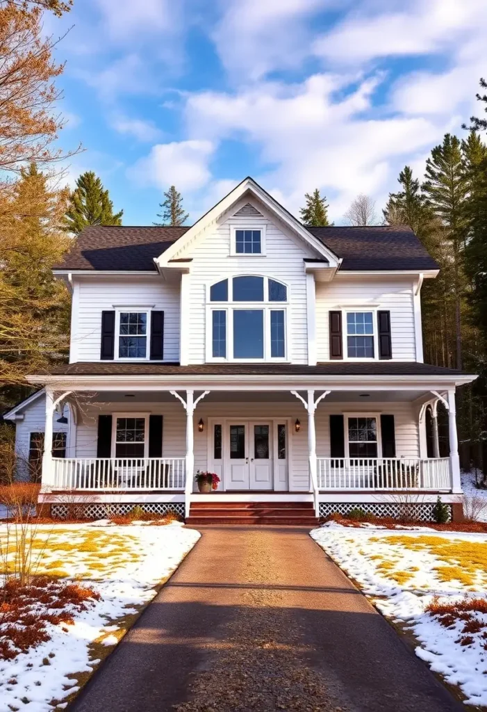 White farmhouse with gable windows, black shutters, a wraparound porch, and a paved walkway surrounded by snow and forest views.