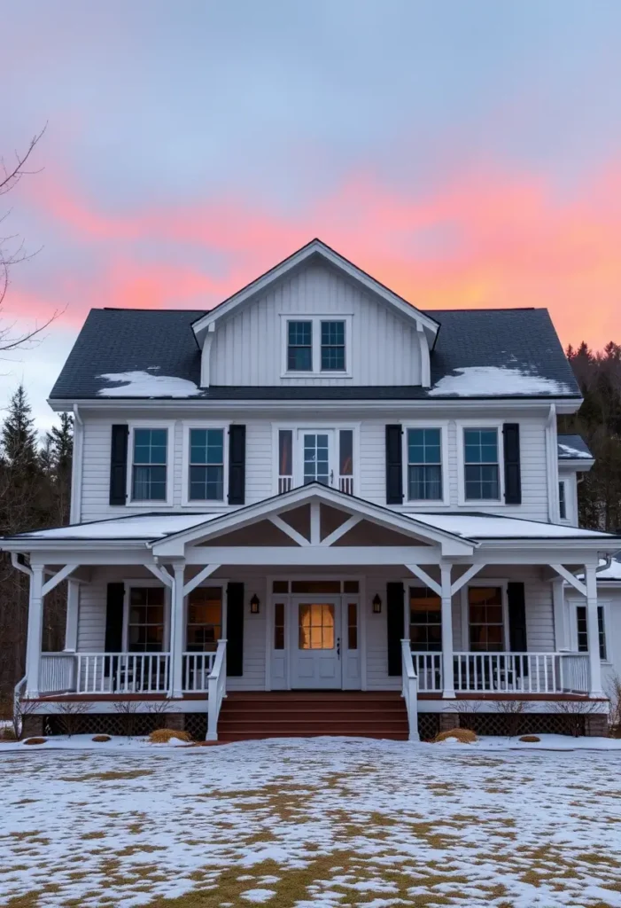 White farmhouse with a truss-style porch, black shutters, and glowing lights, set against a colorful sunset and snowy lawn.