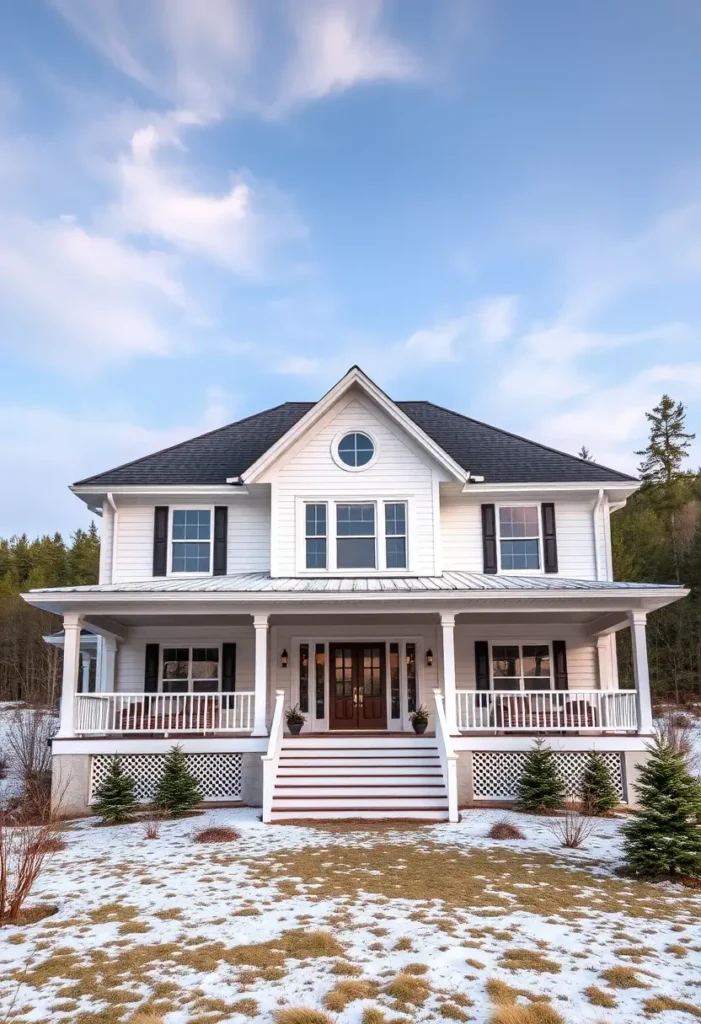 White farmhouse with a circular gable window, dark shutters, wraparound porch, and wooden double doors surrounded by snow and trees.