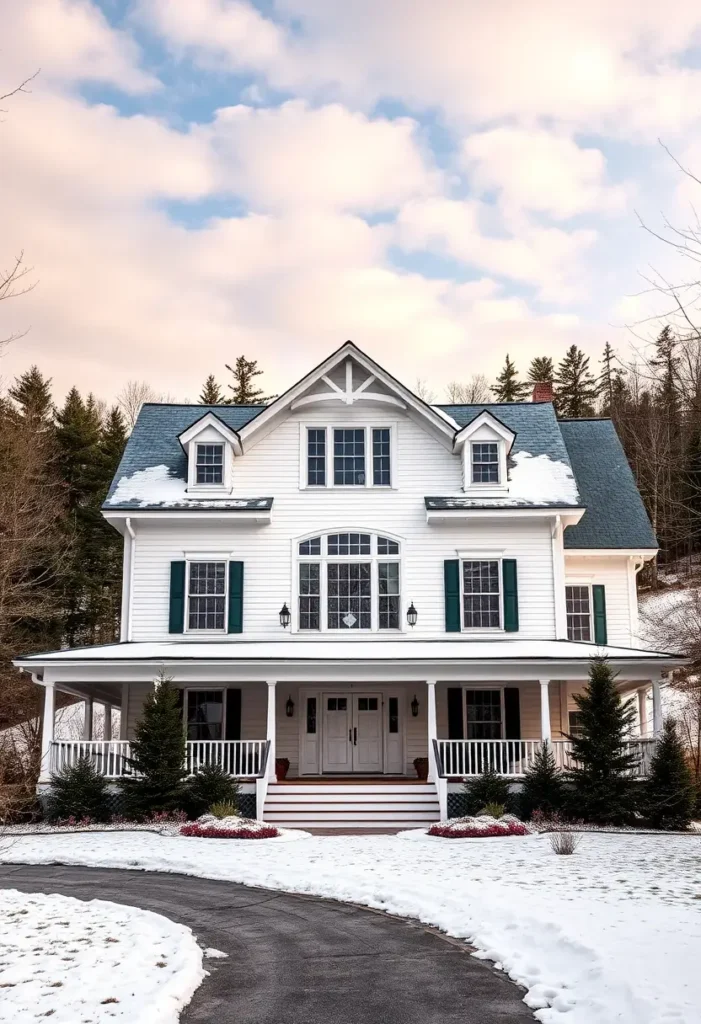 White farmhouse with green shutters, decorative gable trusses, wraparound porch, and a curved driveway surrounded by snow and trees.