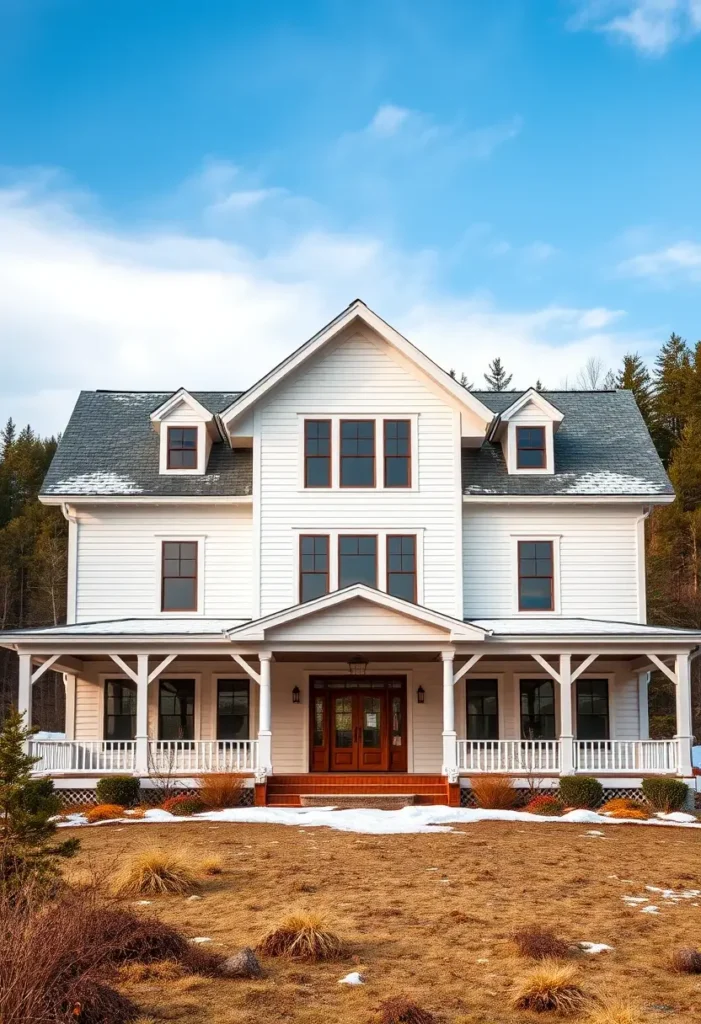 White farmhouse with large windows, wooden double doors, and a wraparound porch set against a peaceful mountain landscape.