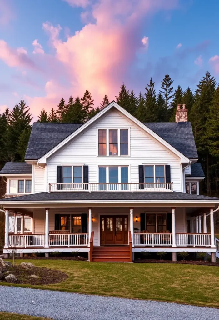 White farmhouse with black shutters, a second-story balcony, wraparound porch, and glowing lights set against a vibrant sunset and wooded background.