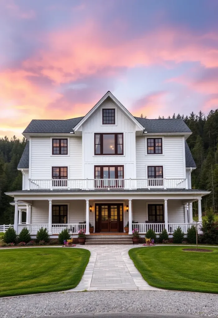 White three-story farmhouse with balconies, a paver walkway, and lush landscaping, set against a vibrant sunset sky.