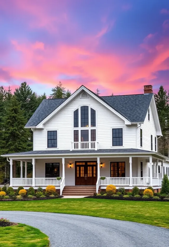 White farmhouse with a large gable window, balcony, wraparound porch, and lush landscaping, set against a vibrant sunset.