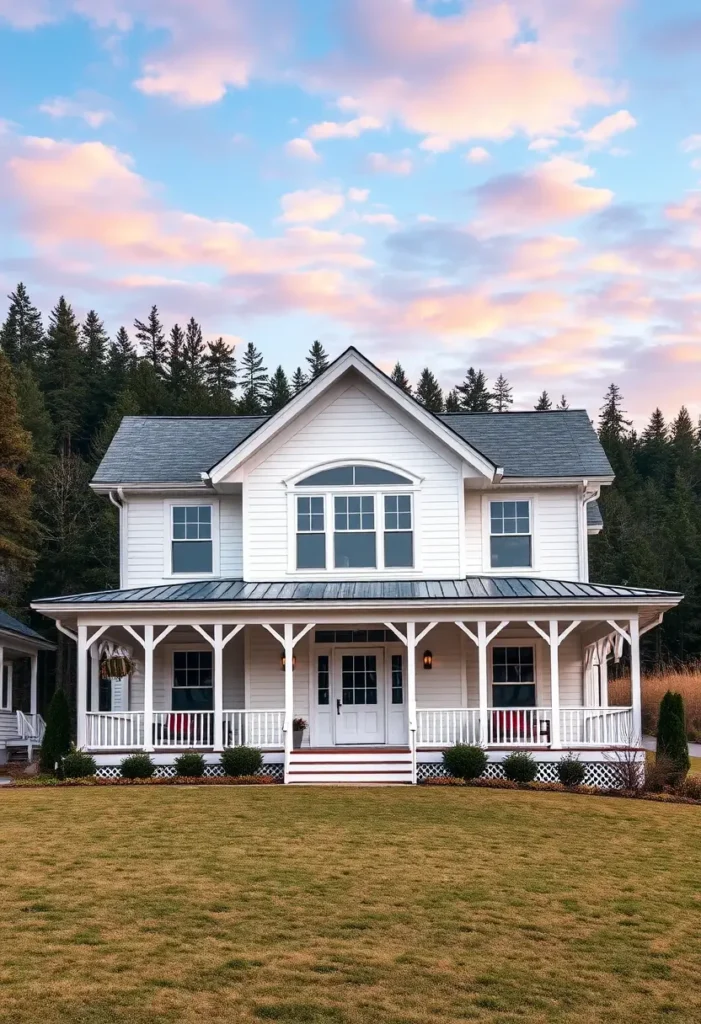 White farmhouse with an arched gable window, wraparound porch, and a landscaped lawn under a pastel sky.