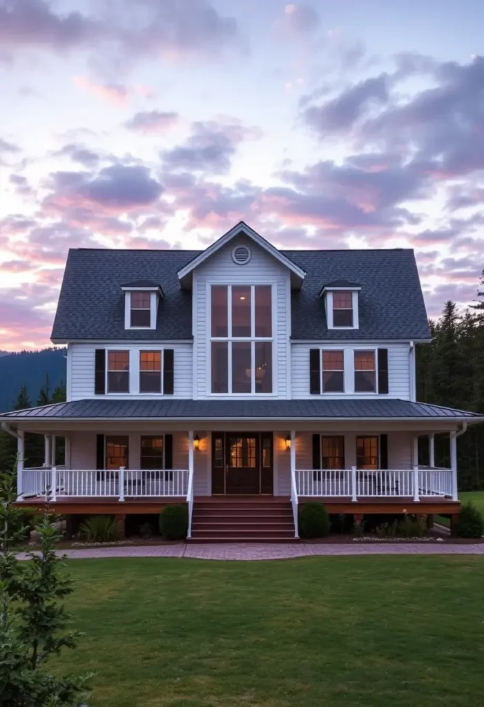 White farmhouse with tall gable windows, dormers, a wraparound porch, and glowing lights under a twilight sky.