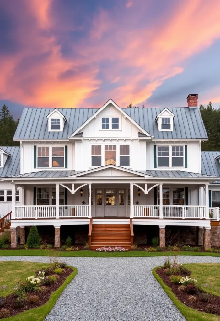 White farmhouse with a metal roof, stone foundation, wraparound porch, and landscaped garden under a colorful sunset.