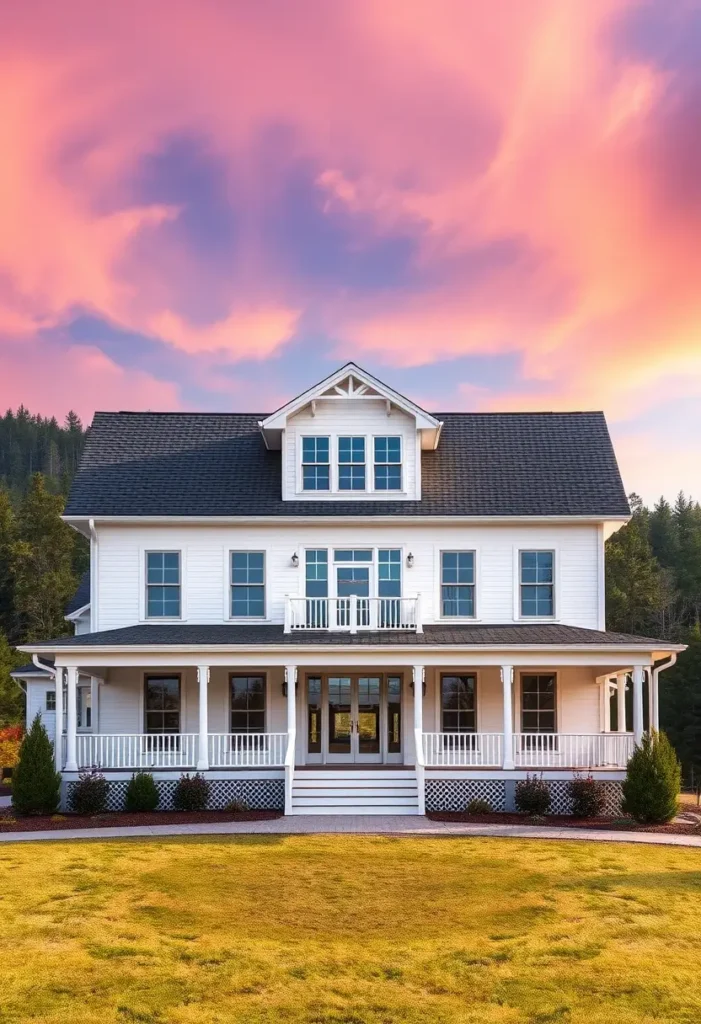 White farmhouse with a second-story balcony, wraparound porch, golden lawn, and vibrant sunset sky.