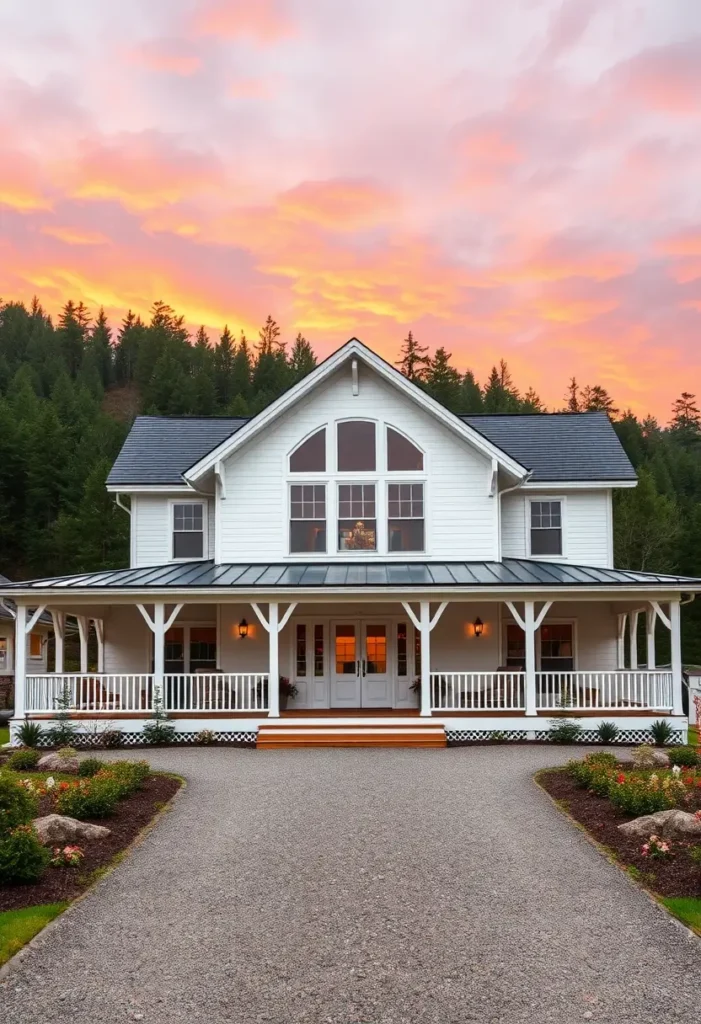 White house with a wraparound porch, arched windows, and a vibrant sunset sky surrounded by greenery.