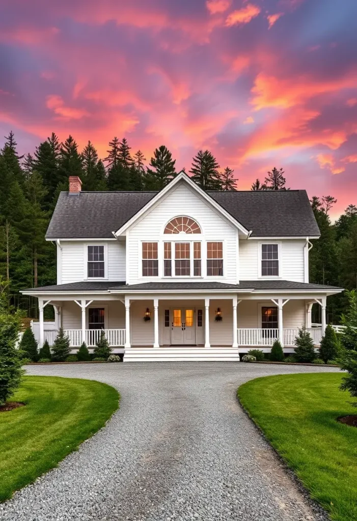 White house with an arched window, wraparound porch, and gravel driveway under a vibrant sunset sky.