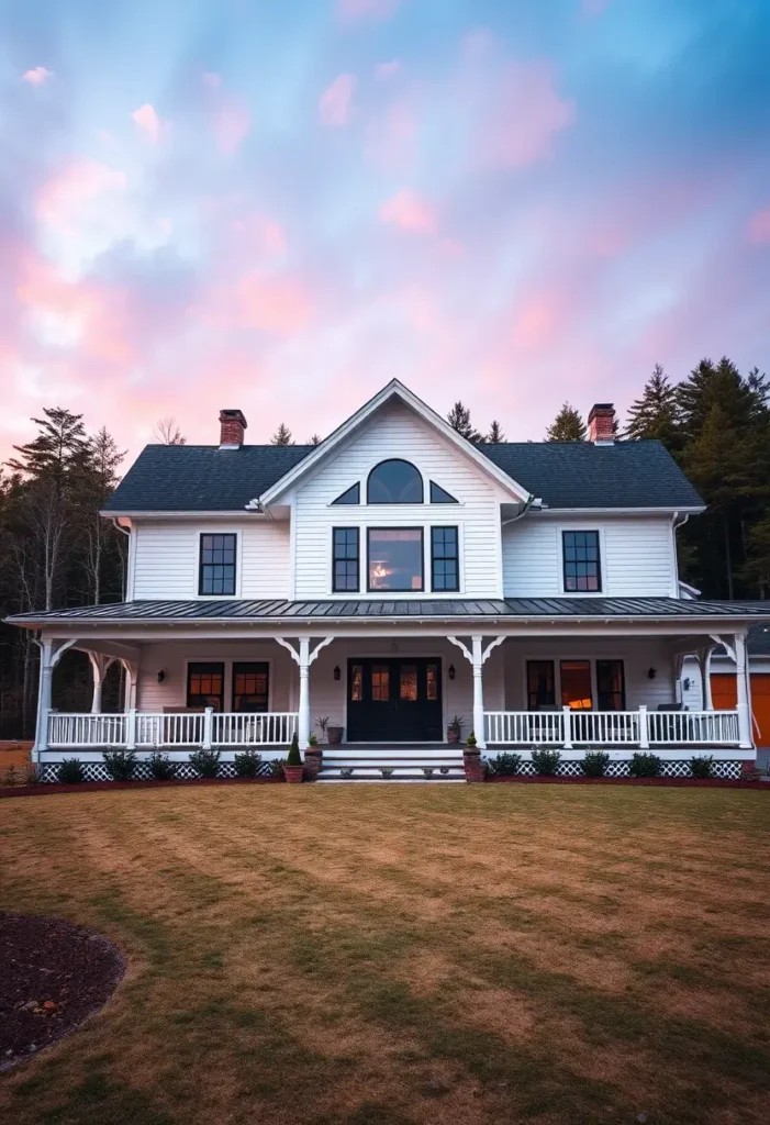 Elegant white house with an arched window, black accents, wraparound porch, and a well-kept lawn under a vibrant evening sky.