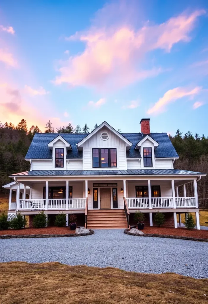 White house with a wraparound porch, dormer window, red brick chimney, and gravel driveway under a pastel evening sky.