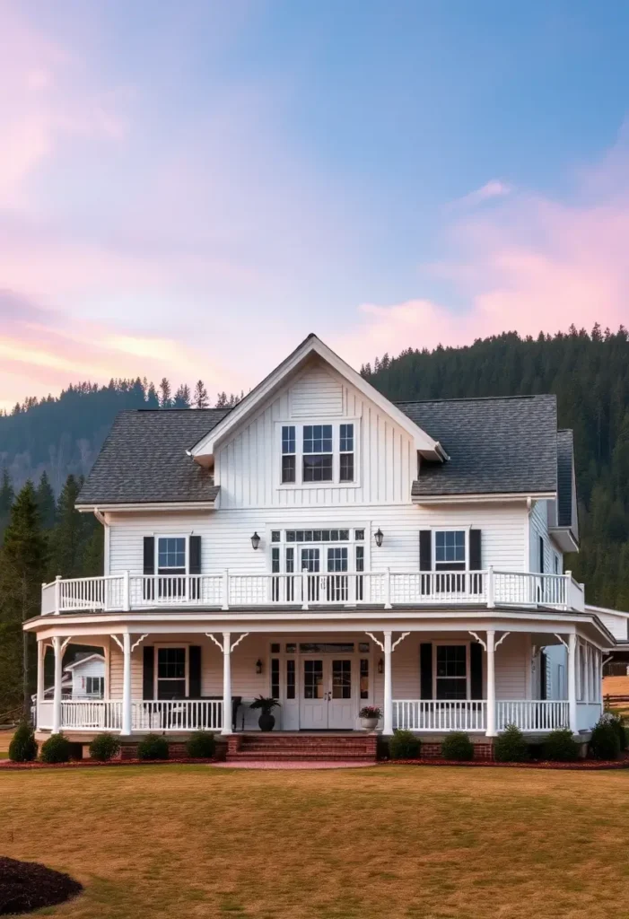 White farmhouse with a wraparound porch, black shutters, and lush greenery, surrounded by a scenic mountain view.