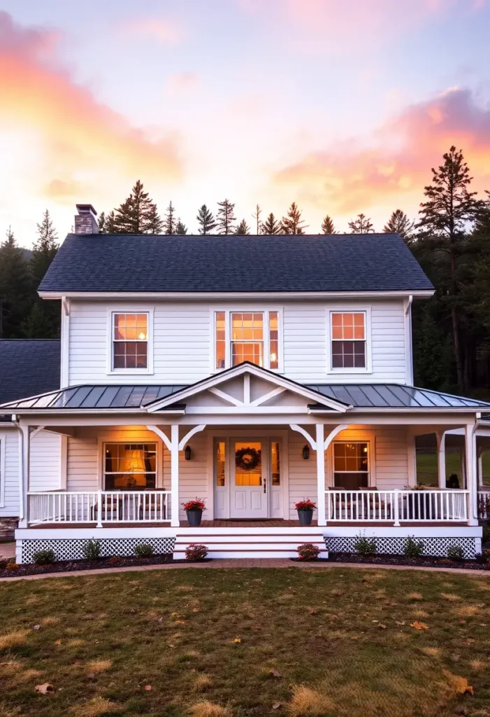 A white farmhouse with a welcoming porch, adorned with plants, a wreath on the front door, and a scenic sunset backdrop.