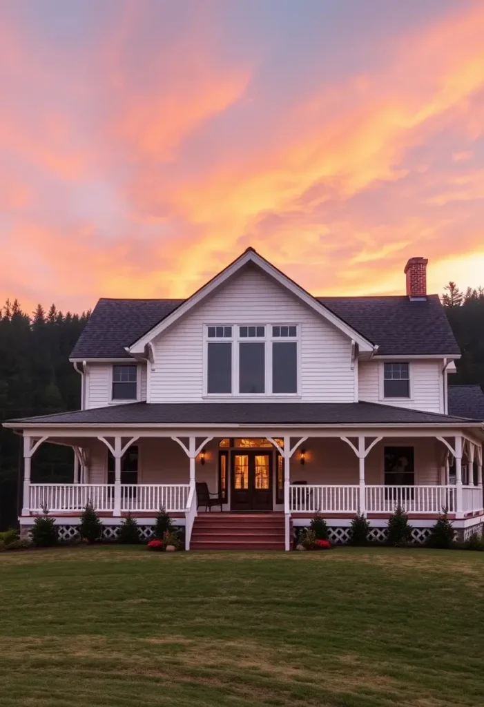 A white farmhouse with a welcoming porch, sunset-colored skies, and a lush front lawn.