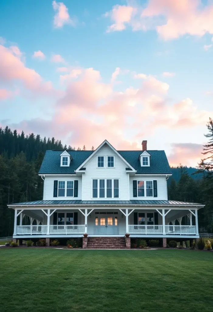 White farmhouse with a large porch, surrounded by green lawn and a backdrop of trees, against a colorful sky.