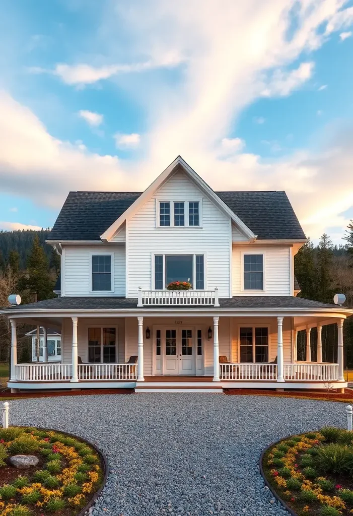 White farmhouse with a wide porch, gravel driveway, and colorful flower garden, under a bright blue sky.