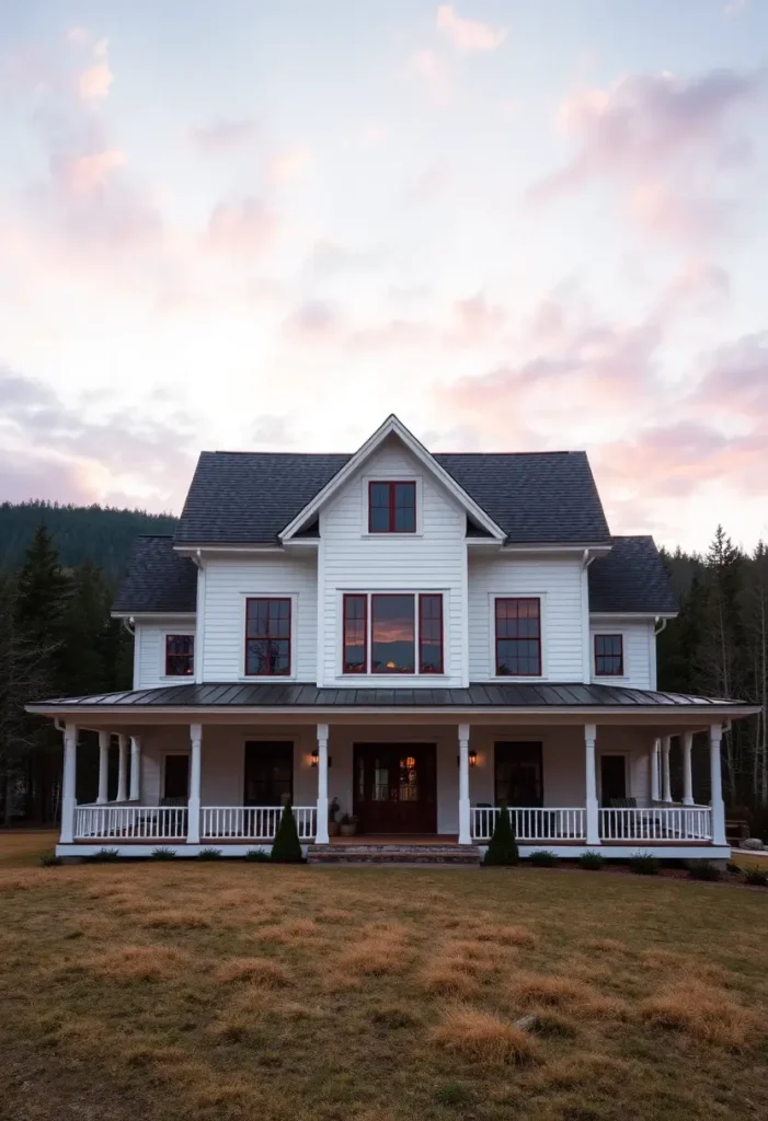 White farmhouse with red-trimmed windows, porch, and serene evening sky.