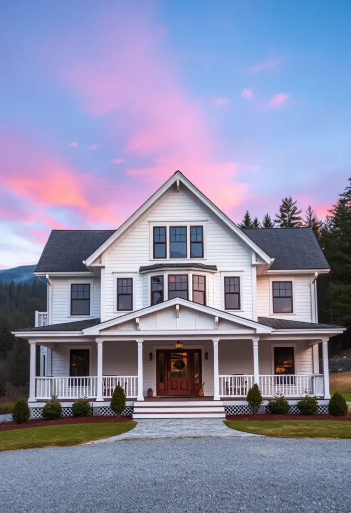 Elegant white farmhouse with large windows, serene sunset sky, and stone pathway.