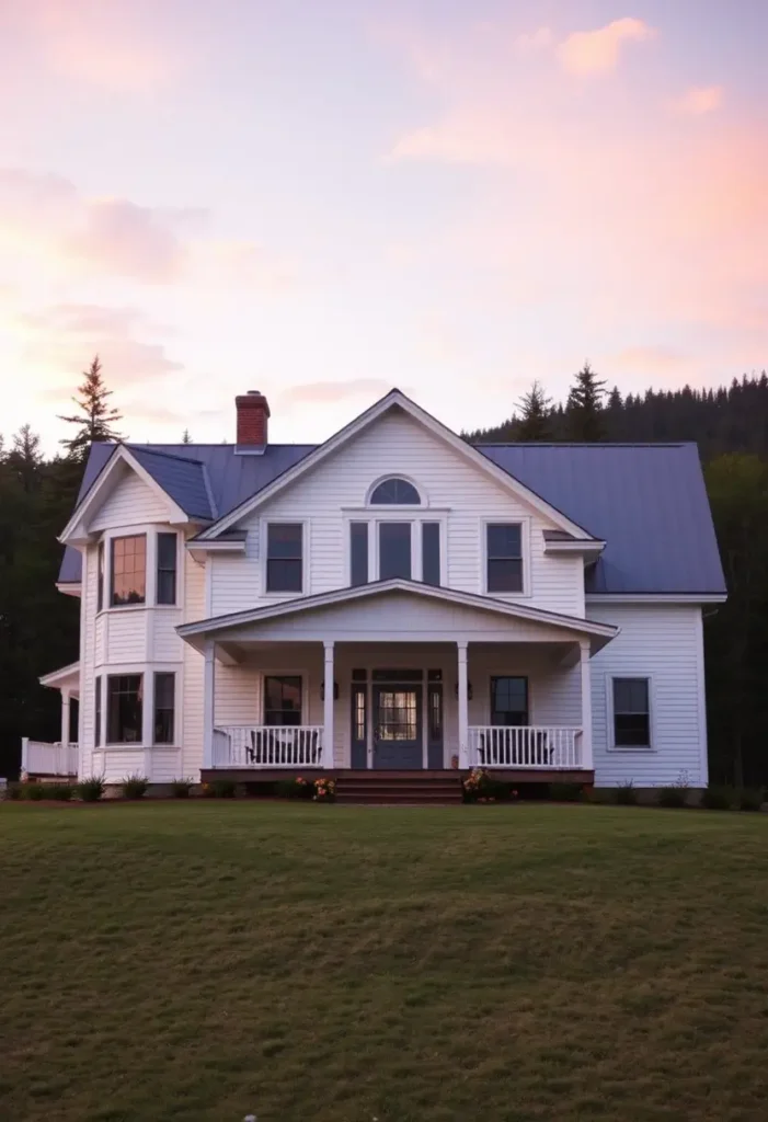 Charming white farmhouse with scenic surroundings, porch, and mountain backdrop.