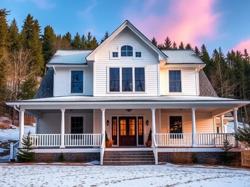 White farmhouse with tall gable windows, warm glowing lights, a wraparound porch, and wooden double doors surrounded by snow and a colorful evening sky. II