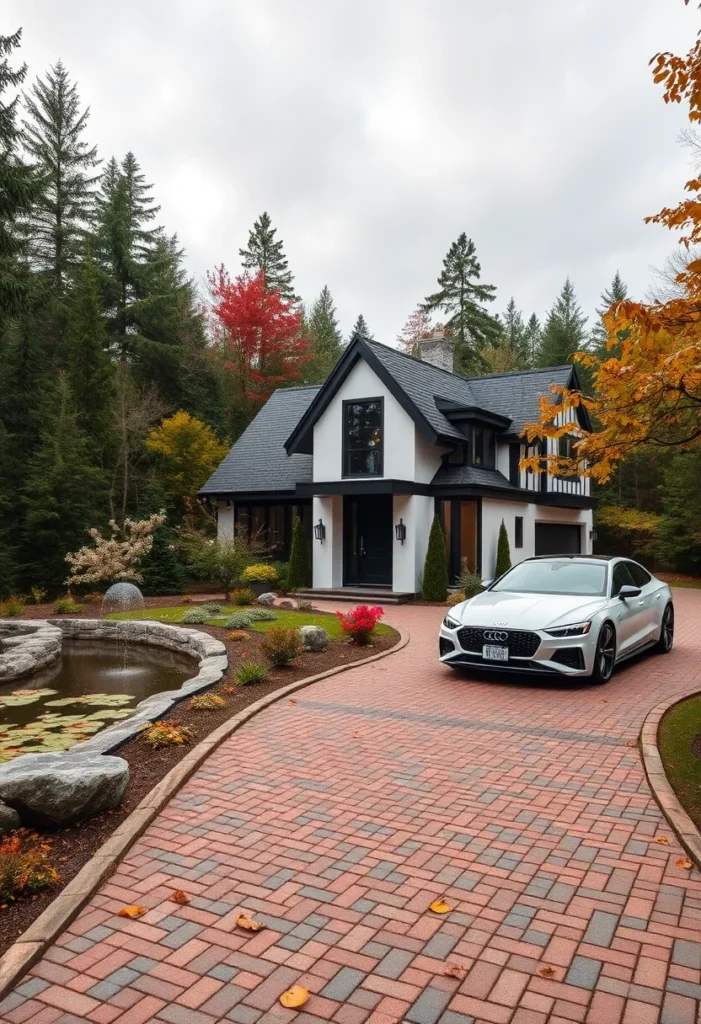 Minimalist black and white house design with black roof and trim, red brick driveway.