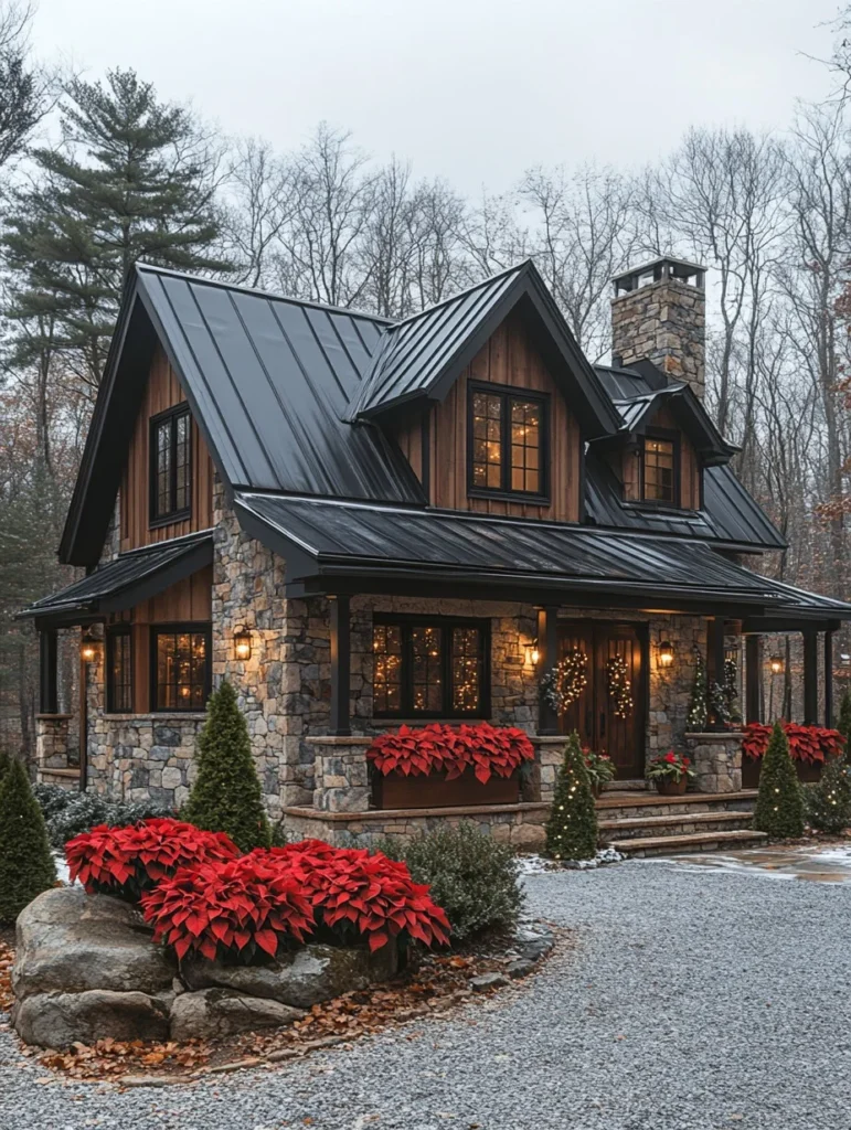 Farmhouse cottage exterior with stone walls and dark trim.