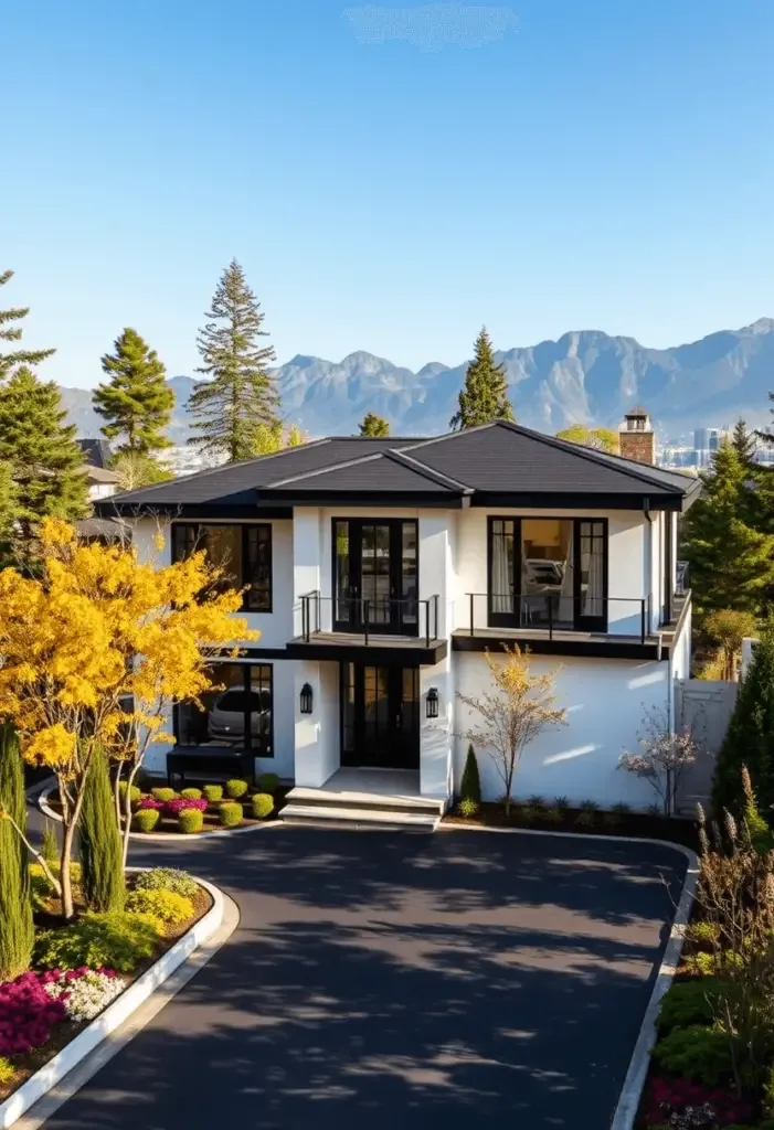 High-end contemporary home design featuring white exterior and dark roof.