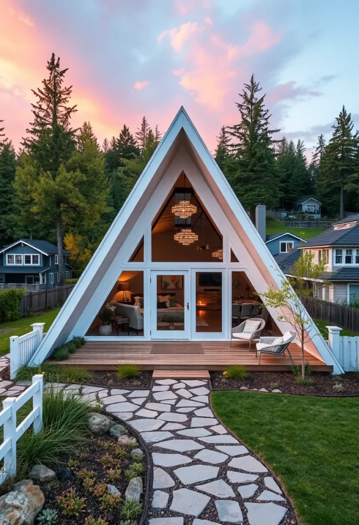 Dream tiny A-frame cabin with large windows and a welcoming front porch.