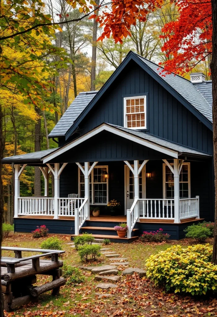 Black cottage house with white trim and wrap-around porch