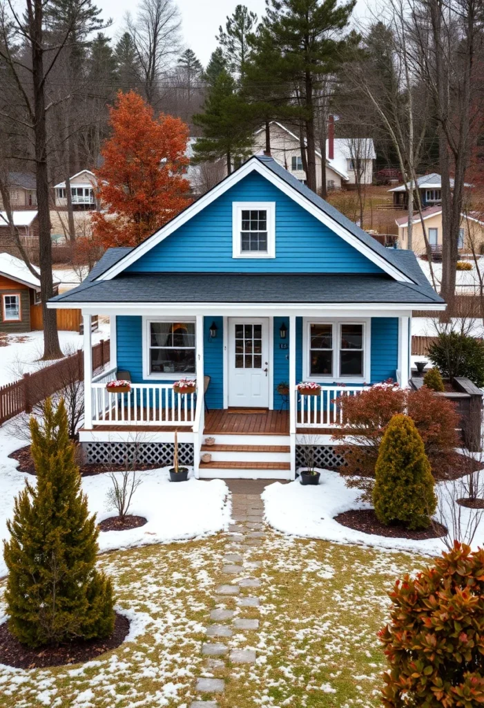 White tiny cottage exterior design with porch and fall foliage