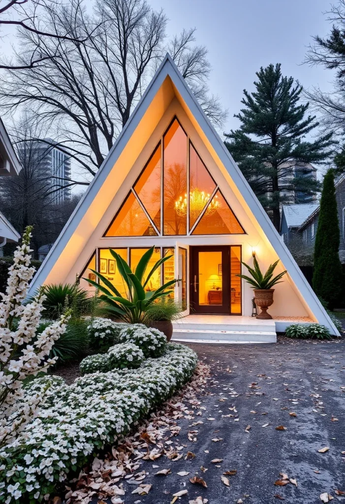 Elegant off-white A-frame house with symmetrical design