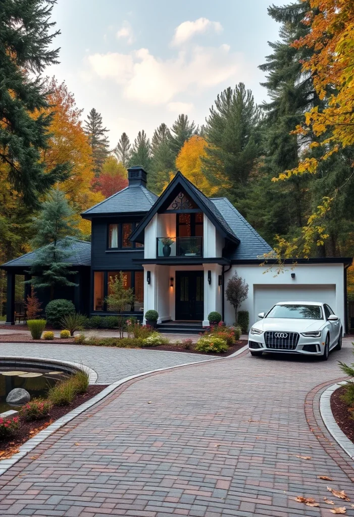 Minimalist black and white house design, dark upper level, central dormer.