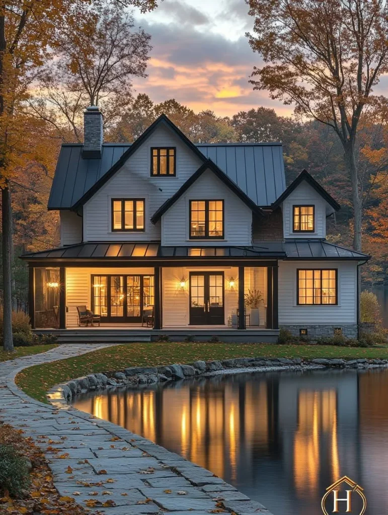 Farmhouse cottage with adjacent pond reflecting the house and sky.