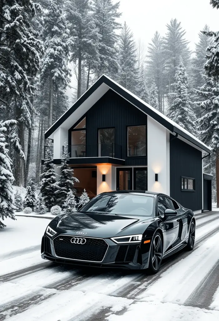 High-end contemporary home with a luxury sports car in the snow