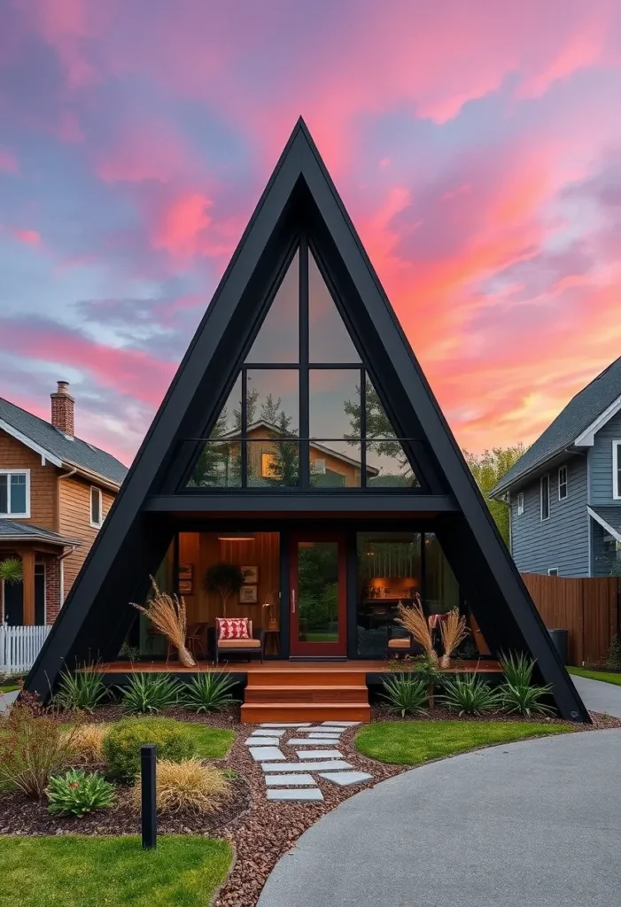 Dream tiny A-frame cabin with a modern, minimalist design and a dark exterior.