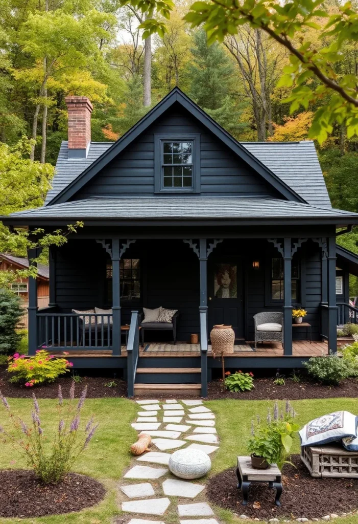 Dark blue-black cottage with covered porch and decorative trim